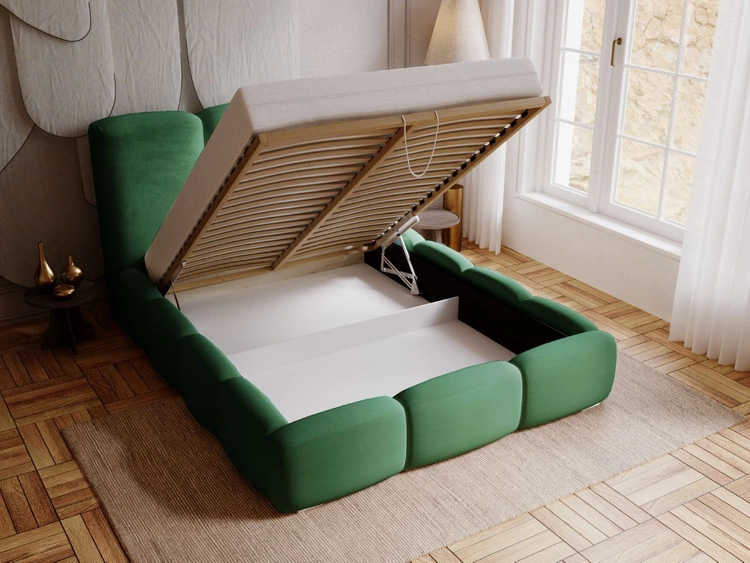 Łóżko tapicerowane z pojemnikiem i stelażem 200x200 cm Bubble Zielone