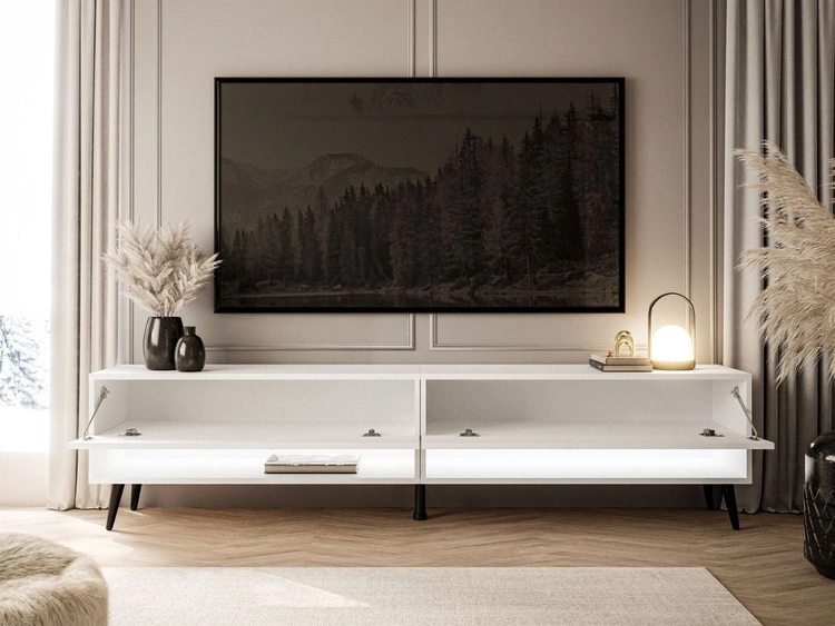 Szafka RTV do salonu 180 cm z czarnymi nóżkami i oświetleniem LED Aurelie Biały połysk