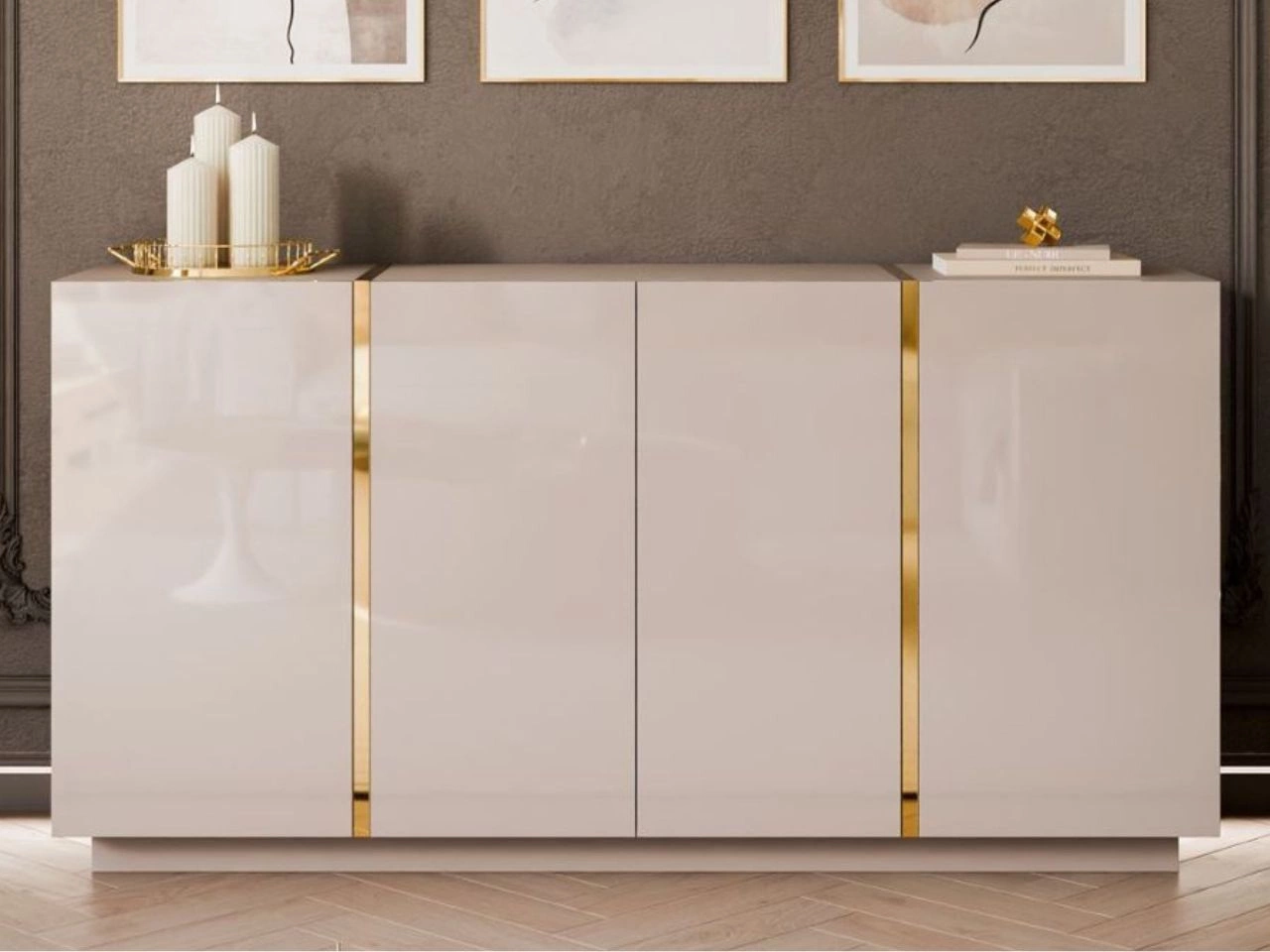 Czterodrzwiowa komoda 158 cm w stylu glamour Lunelie kaszmir połysk