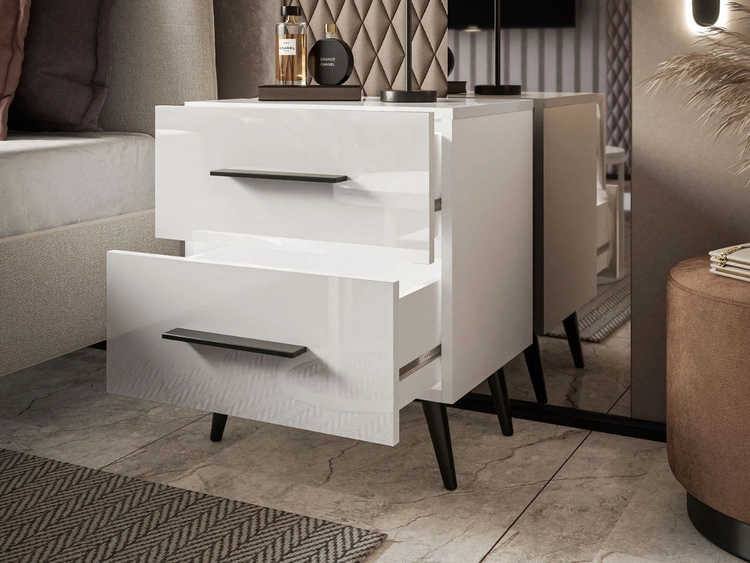 Stolik nocny z szufladami na czarnych nogach Noaé Lux Biały połysk