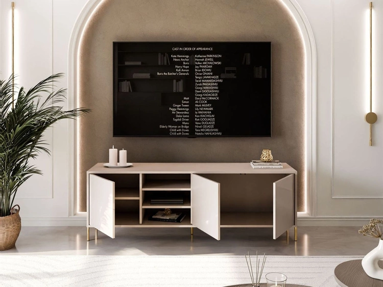 Szafka RTV glamour pod telewizor z drzwiczkami na złotych prostych nogach Vivance Kaszmir połysk