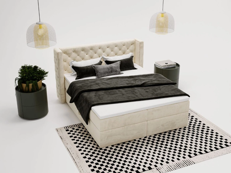 Łóżko kontynentalne z pojemnikiem na pościel 160x200 cm Lion Kremowe