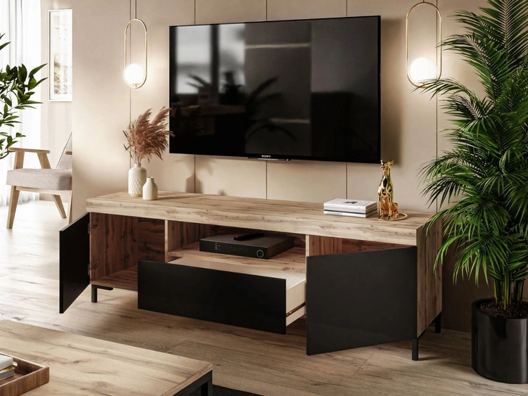 Zestaw mebli do salonu w loftowym stylu Asumi Czarny i dąb wotan