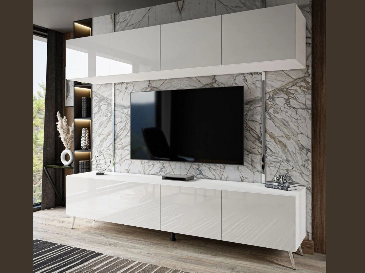 Meblościanka do salonu na srebrnych nogach Noaé Biały połysk