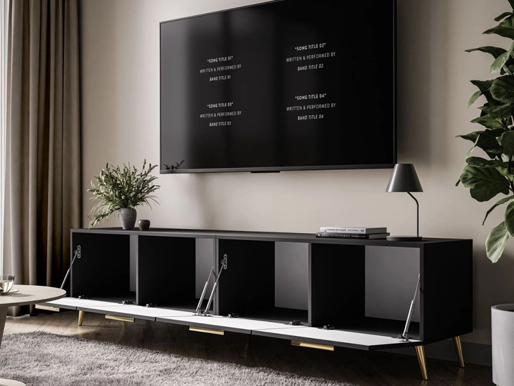 Szafka RTV pod telewizor z drzwiczkami na złotych nóżkach 200 cm Noaé Czarny Połysk