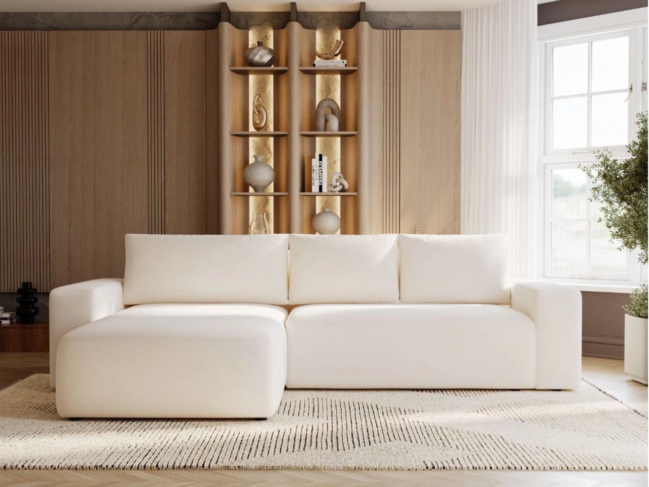 Narożnik L Lewy z funkcją spania i pojemnikiem Tazones Kremowy