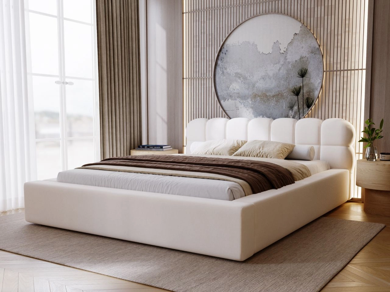 Łóżko tapicerowane z pojemnikiem i stelażem 120x200 Plaza Kremowe