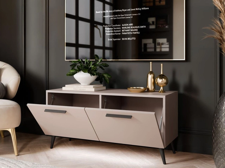 Szafka RTV pod telewizor z drzwiczkamii oświetleniem LED na czarnych nóżkach 100 cm Noaé Kaszmir