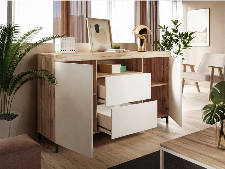 Dwudrzwiowa komoda 164 cm w stylu loft Asumi biały mat i dąb wotan