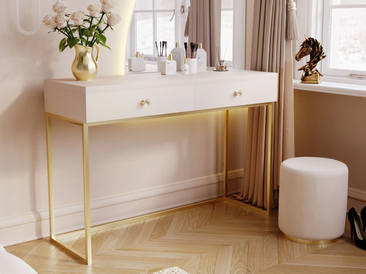 Toaletka z szufladami Belleza Kaszmir połysk Złoty stelaż
