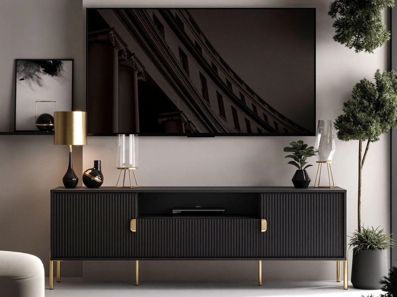 Szafka RTV szeroka dwudrzwiowa na złotych nogach z szufladą Orlean czarny mat