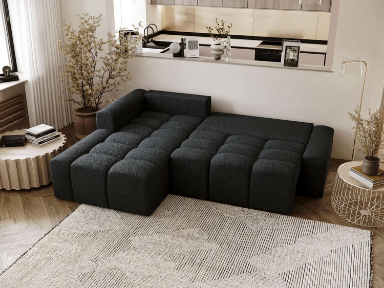 Narożnik L lewy z funkcją spania i pojemnikiem Lana Czarny