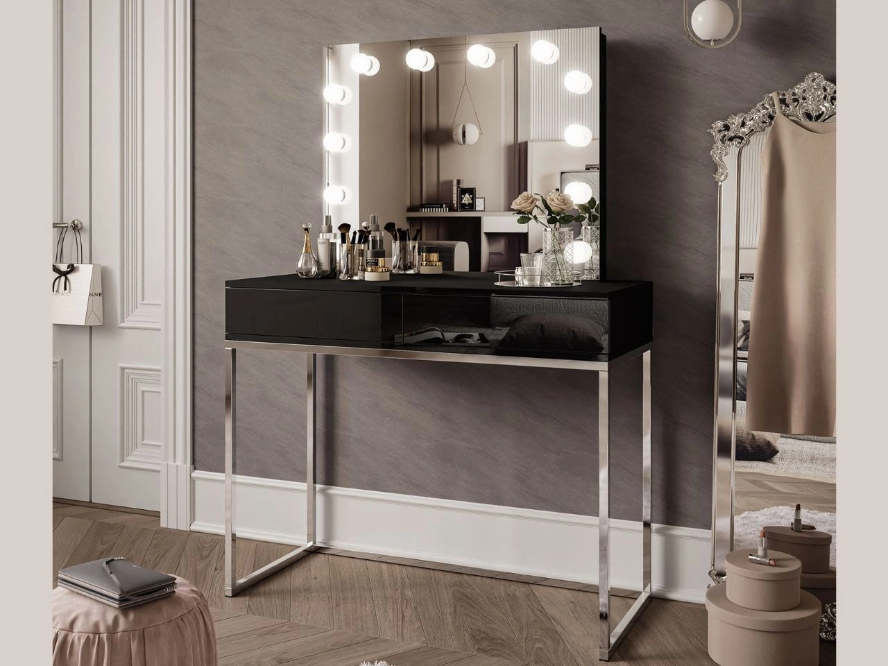 Toaletka glamour z szufladami, lustrem i oświetleniem LED Brisa czarny połysk