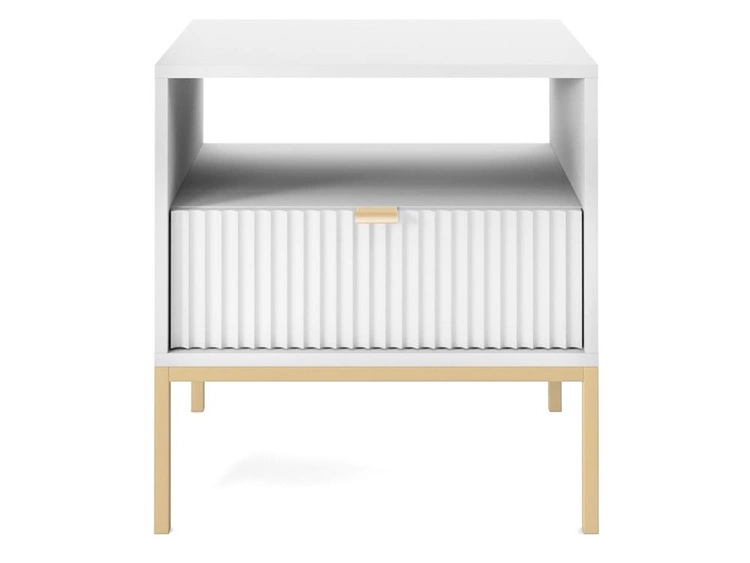 Stolik nocny z szufladą Amber biały na złotych nogach