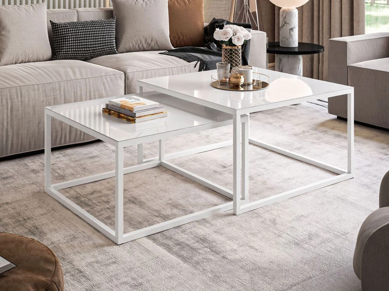 Stolik kawowy na białym stelażu z szklanym blatem Asumi Biały 35x41