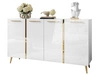 Czterodrzwiowa komoda 158 cm w stylu glamour ze złotymi uchwytami i nogami Lunelie biały połysk