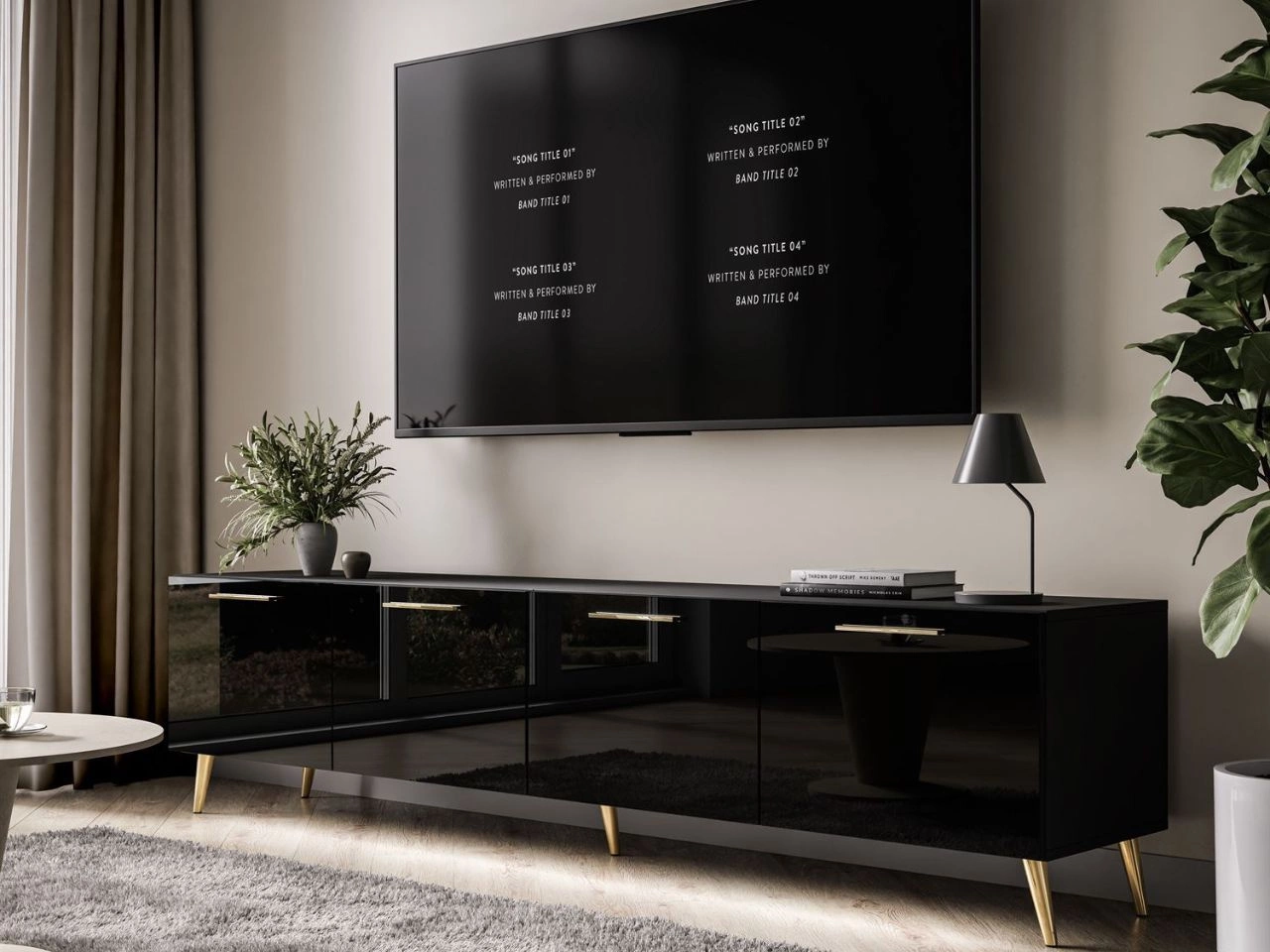 Szafka RTV pod telewizor z drzwiczkami i oświetleniem LED na złotych nóżkach 200 cm Noaé Czarny Połysk