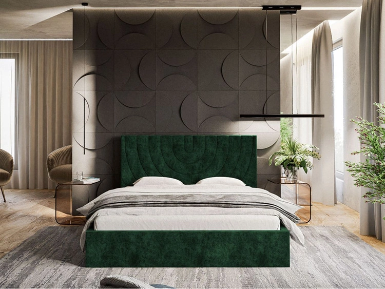 Łóżko tapicerowane z pojemnikiem i stelażem 140x200 Corti Ciemny zielony