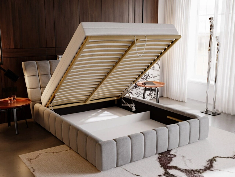 Łóżko tapicerowane z pojemnikiem i stelażem 160x200 cm Paris Jasnoszare