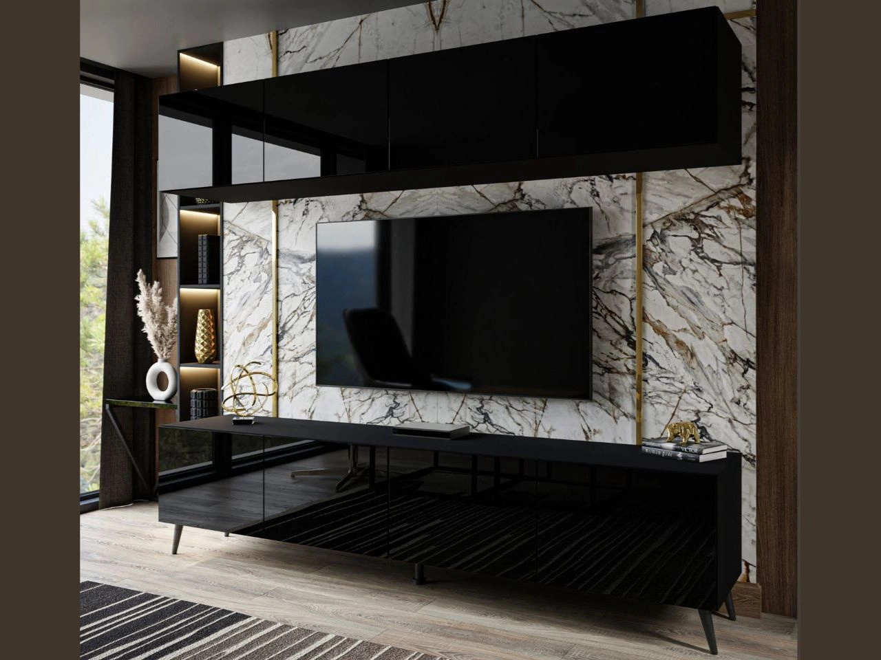 Meblościanka do salonu na czarnych nogach Noaé Czarny połysk