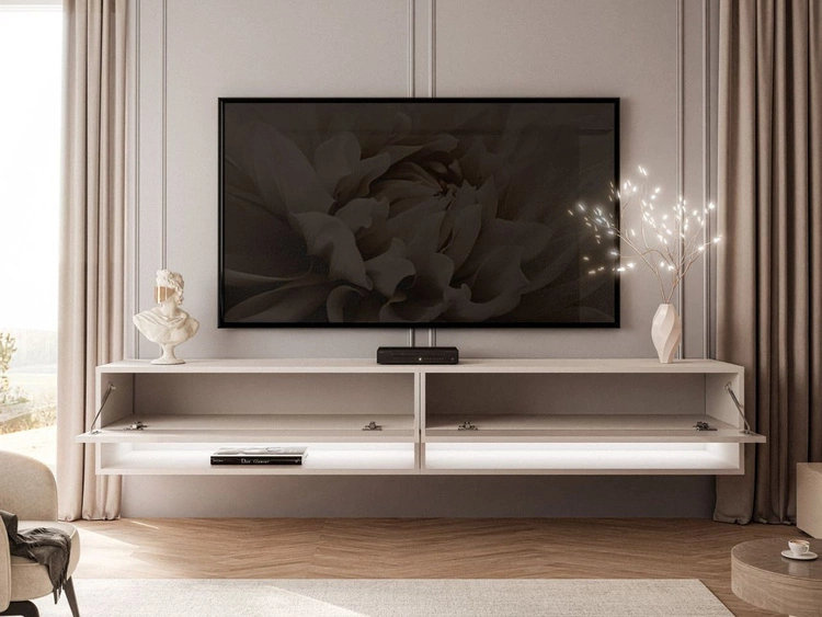 Szafka RTV wisząca 180 cm do salonu z oświetleniem LED Aurelie Kaszmir mat