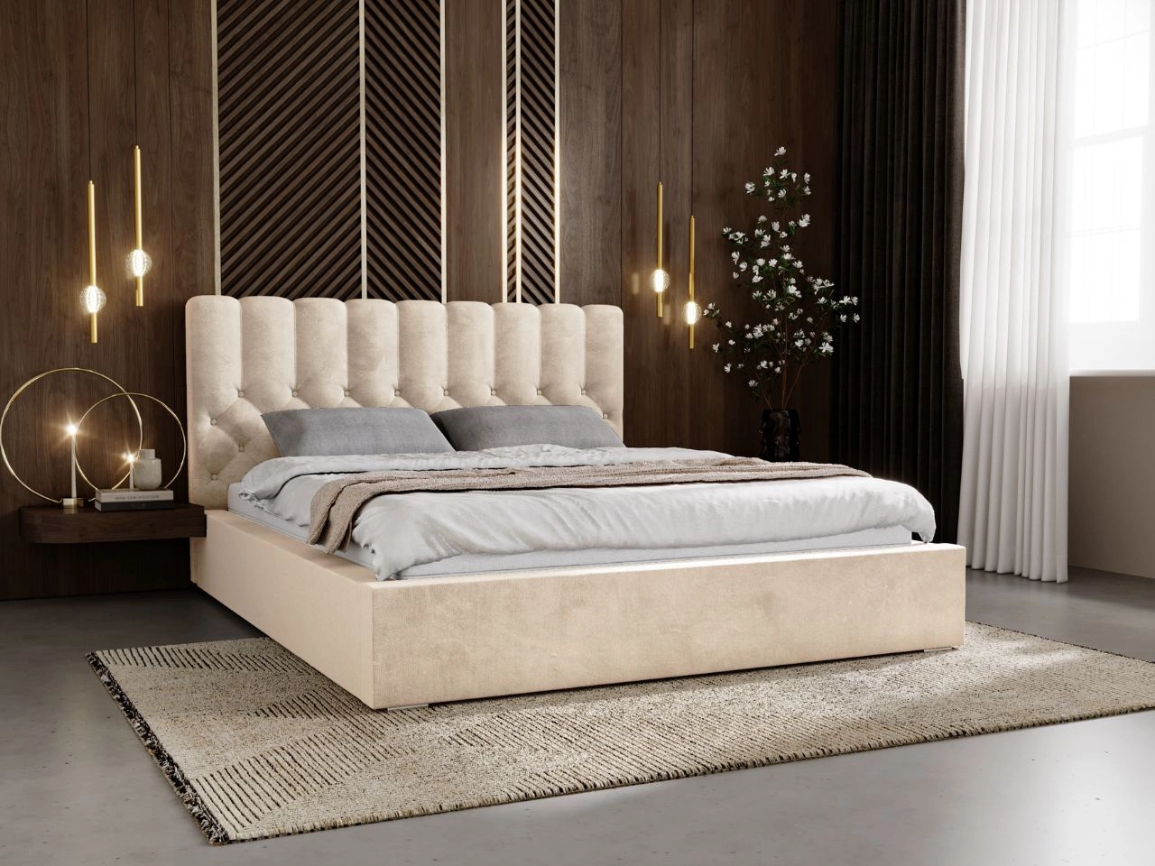 Łóżko tapicerowane z pojemnikiem i stelażem 200x200 cm Roma Beżowe