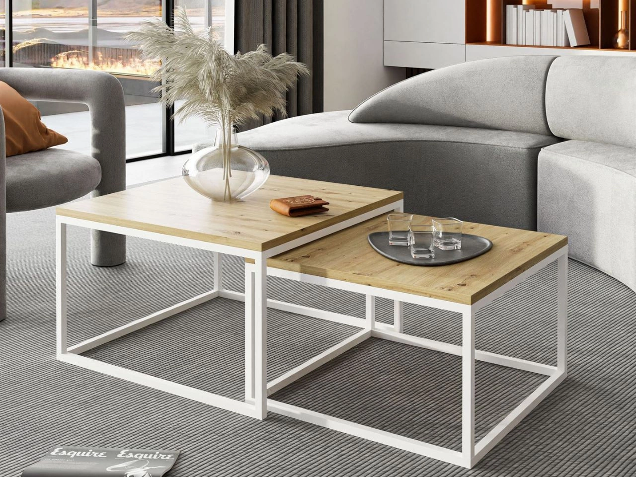 Stolik kawowy na białym stelażu Asumi Dąb Artisan 36x42