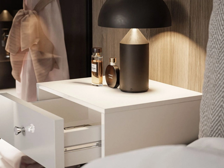 Stolik nocny glamour wiszący z szufladą i oświetleniem LED Brisa biały połysk