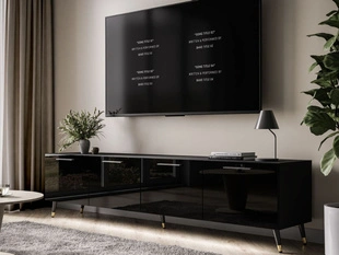 Szafka RTV pod telewizor z drzwiczkami i oświetleniem LED na czarno-złotych nóżkach 200 cm Noaé Czarny Połysk