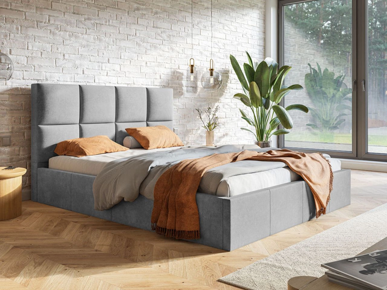 Łóżko tapicerowane z pojemnikiem i stelażem 160x200 Malo jasnoszare