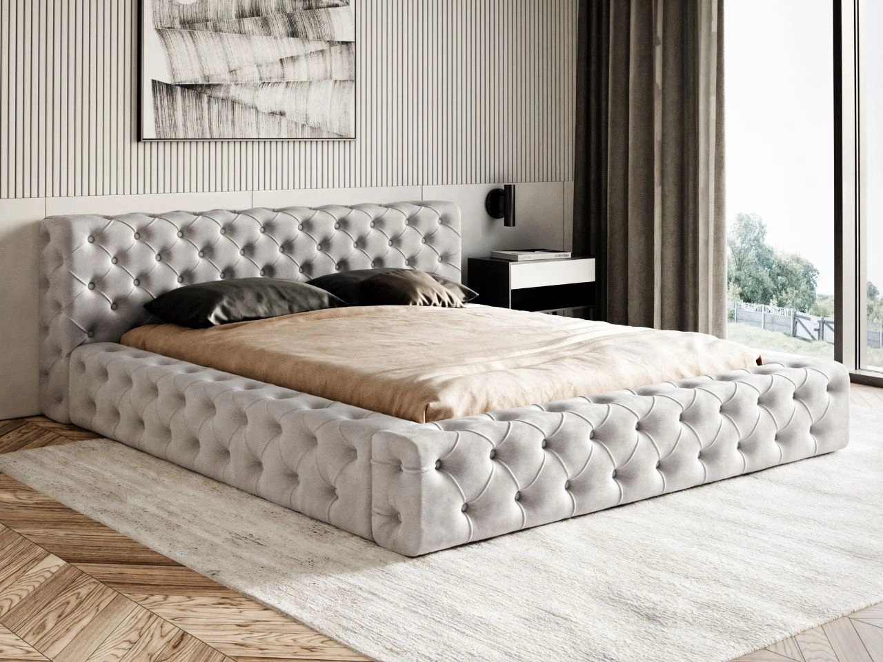 Łóżko tapicerowane z pojemnikiem i stelażem 180x200 cm Palini Jasnoszare