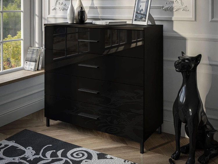 Komoda z czterema szufladami i oświetleniem LED na czarnych nóżkach Nuveo Czarny połysk