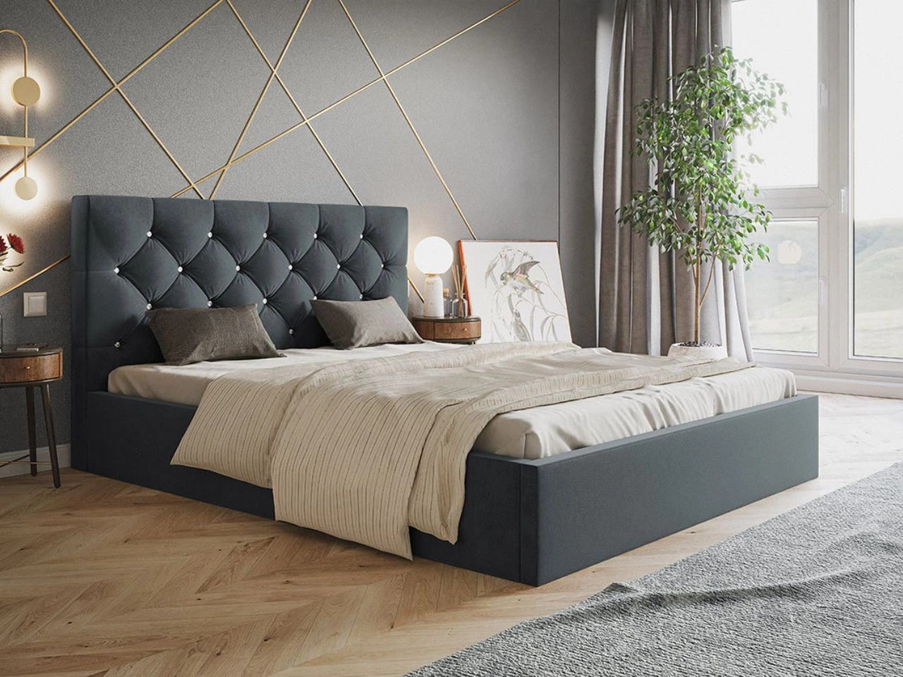 Łóżko tapicerowane z pojemnikiem i stelażem 140x200 Selva Ciemny szary