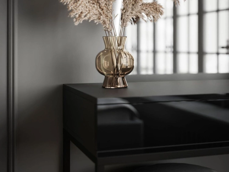 Toaletka kosmetyczna lewostronna z szufladami i oświetleniem LED na czarnych nogach Clarette Czarny połysk