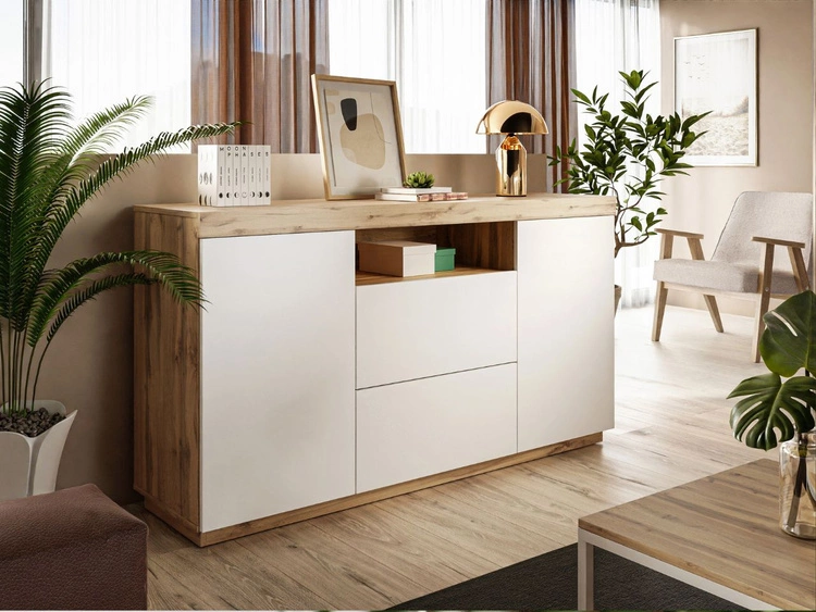 Zestaw mebli do salonu w loftowym stylu Asumi Biały i dąb wotan