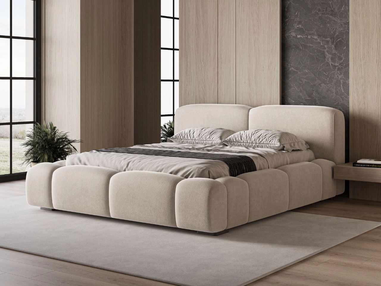Łóżko tapicerowane z pojemnikiem i stelażem 140x200 Aubi Beżowe