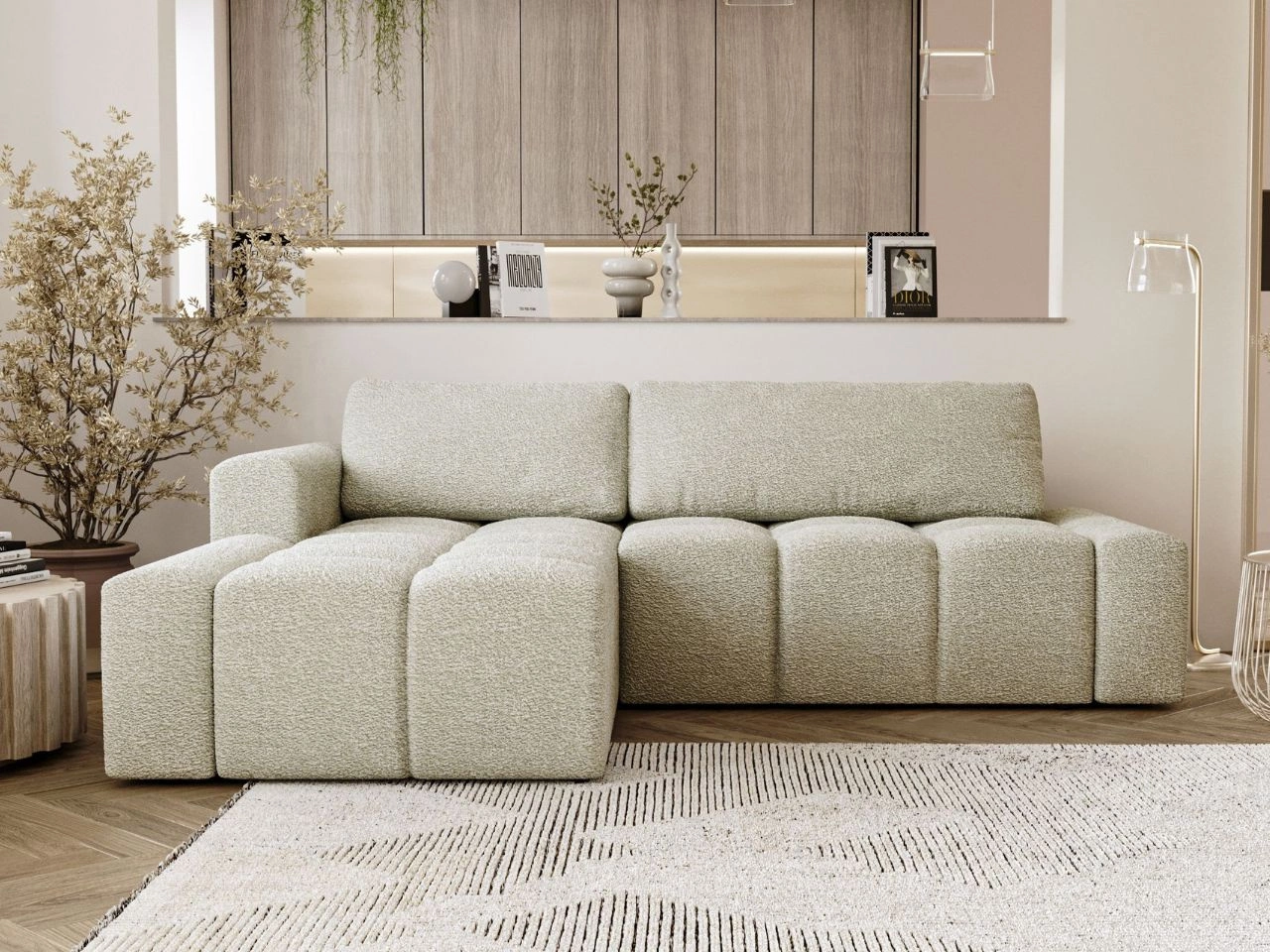 Narożnik L lewy z funkcją spania i pojemnikiem Lana Beżowy