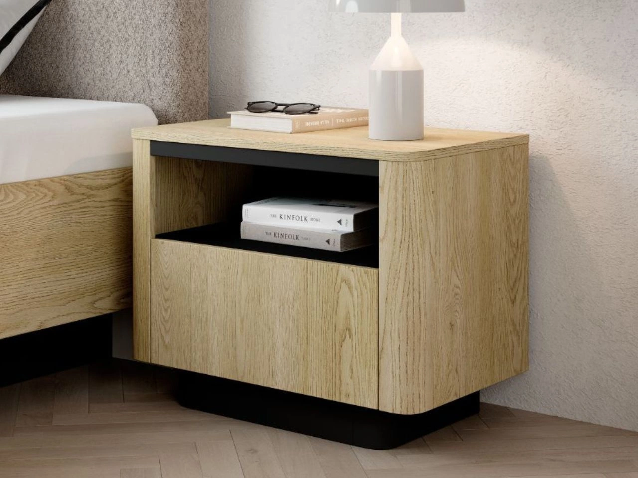 Stolik nocny z szufladą Fascino Dąb Cremona, czarny