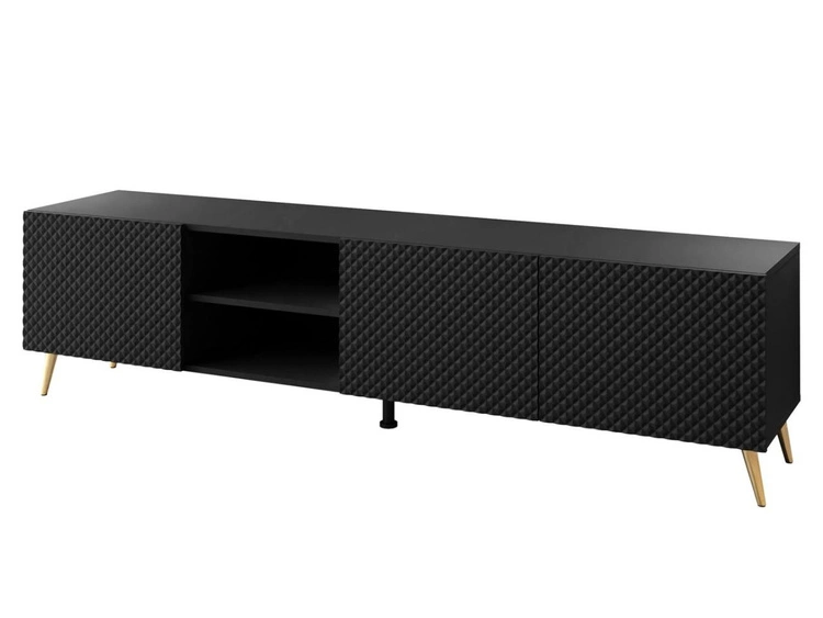 Szafka RTV z metalowymi złotymi nóżkami i frezowanymi frontami 3D Celiane czarny mat