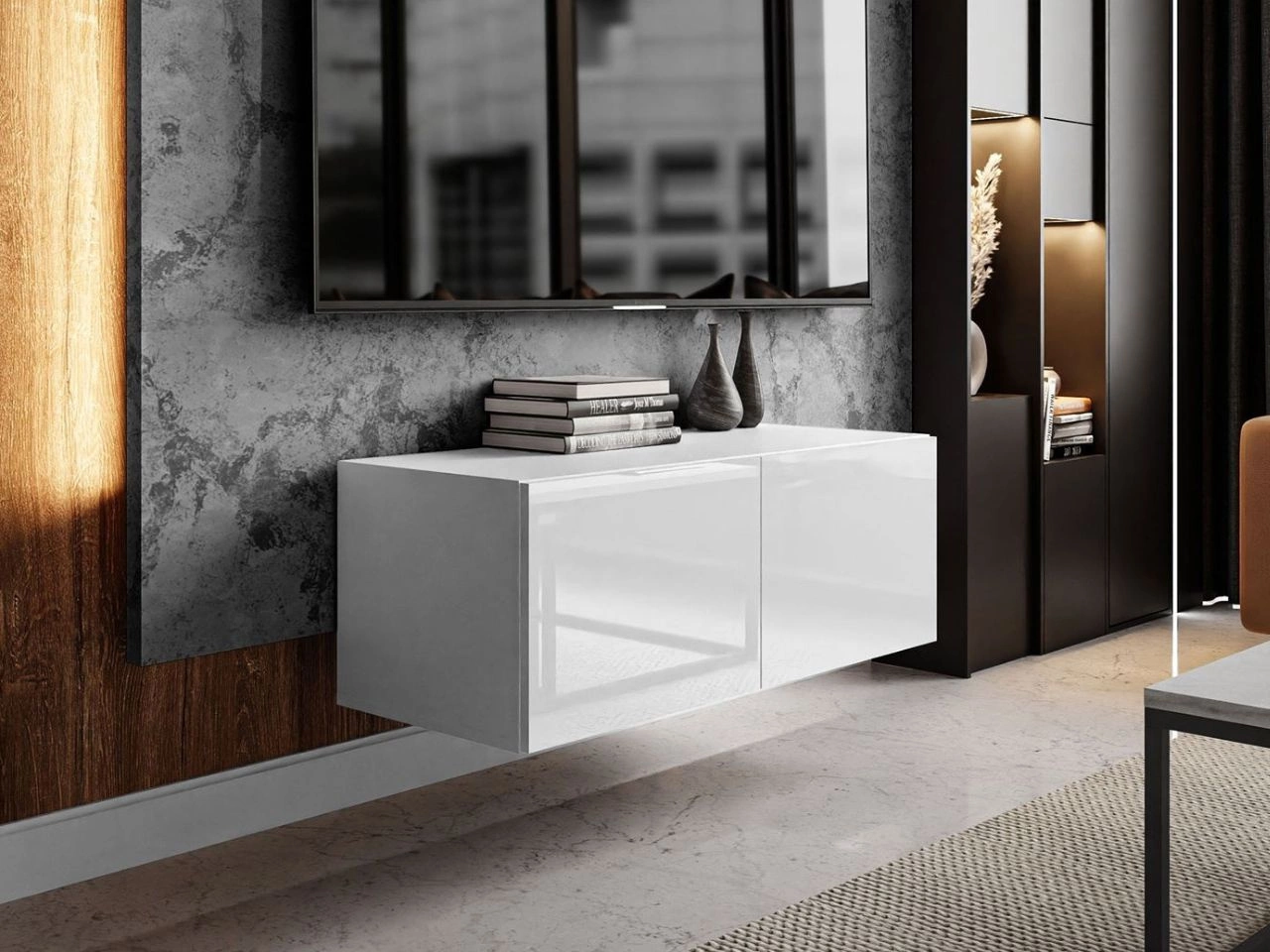 Wisząca szafka RTV pod telewizor z drzwiczkami 100 cm Nodoo Biały połysk