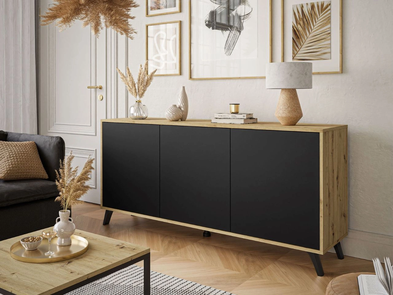 Trzydrzwiowa komoda 154 cm w stylu loft na czarnych nogach Vivance czarny mat i dąb artisan