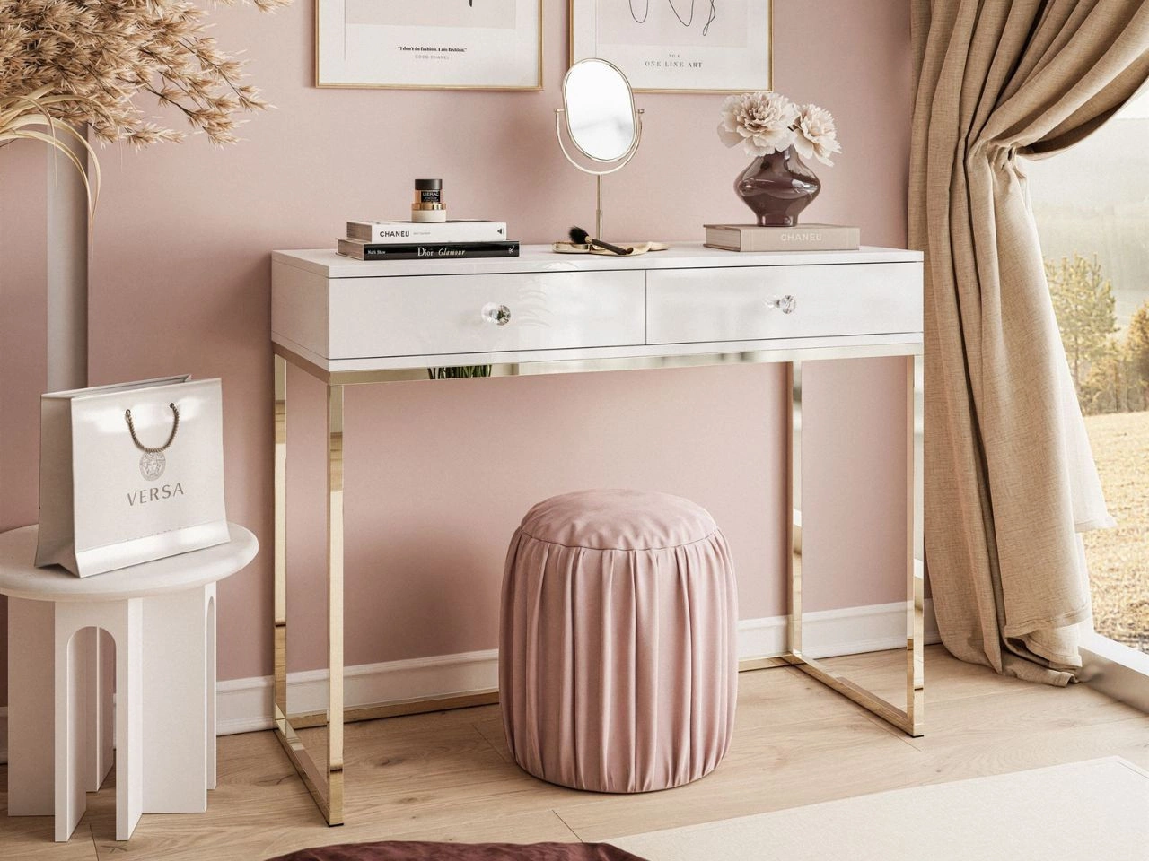 Konsola z szufladami, złotym stelażem i kryształowymi uchwytami Brisa biały połysk