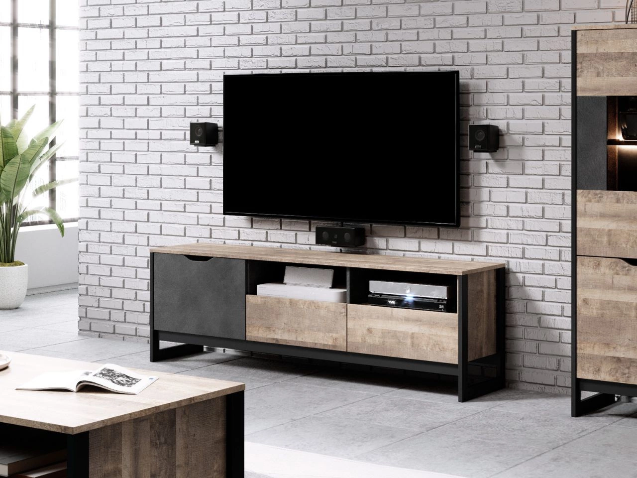 Szafka pod telewizor z szufladami i drzwiczkami Denis Dąb Sand Grande, Matera