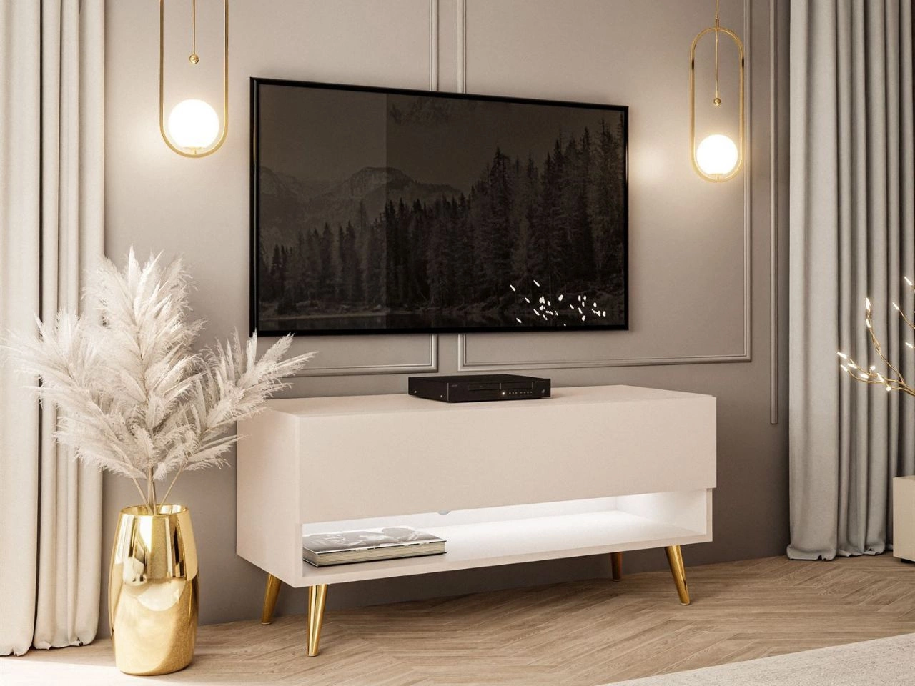 Szafka RTV 90 cm do salonu z oświetleniem LED i złotymi nóżkami Aurelie Kaszmir mat