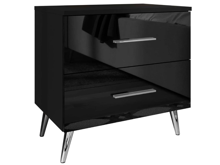 Stolik nocny z szufladami na srebrnych nogach Nuveo Czarny połysk