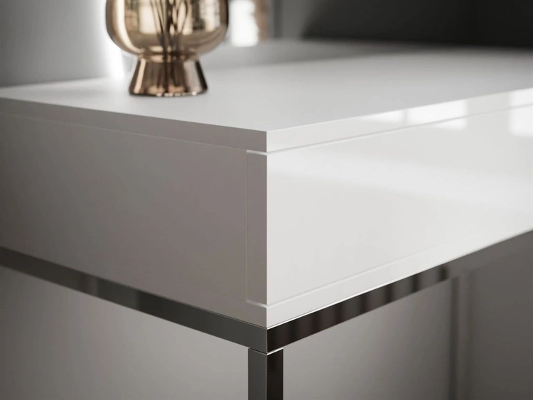 Toaletka kosmetyczna lewostronna z szufladami i oświetleniem LED na srebrnych nogach Clarette Biały połysk