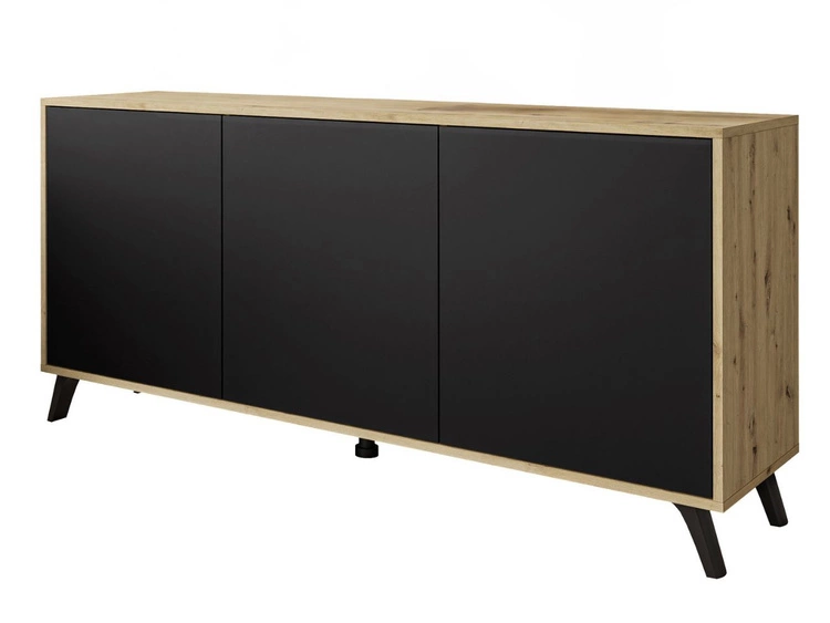 Trzydrzwiowa komoda 154 cm w stylu loft na czarnych nogach Vivance czarny mat i dąb artisan