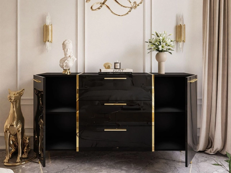 Dwudrzwiowa komoda 158 cm z trzema szufladami i złotymi uchwytami Lunelie czarny połysk