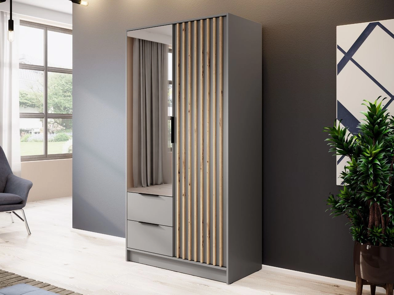 Szafa dwudrzwiowa z drzwiami uchylnymi 105 cm Macron Szara z lustrem i lamelami