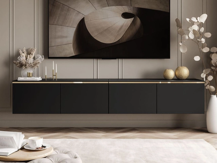 Szafka RTV wisząca w stylu glamour z oświetleniem LED Celle czarny mat